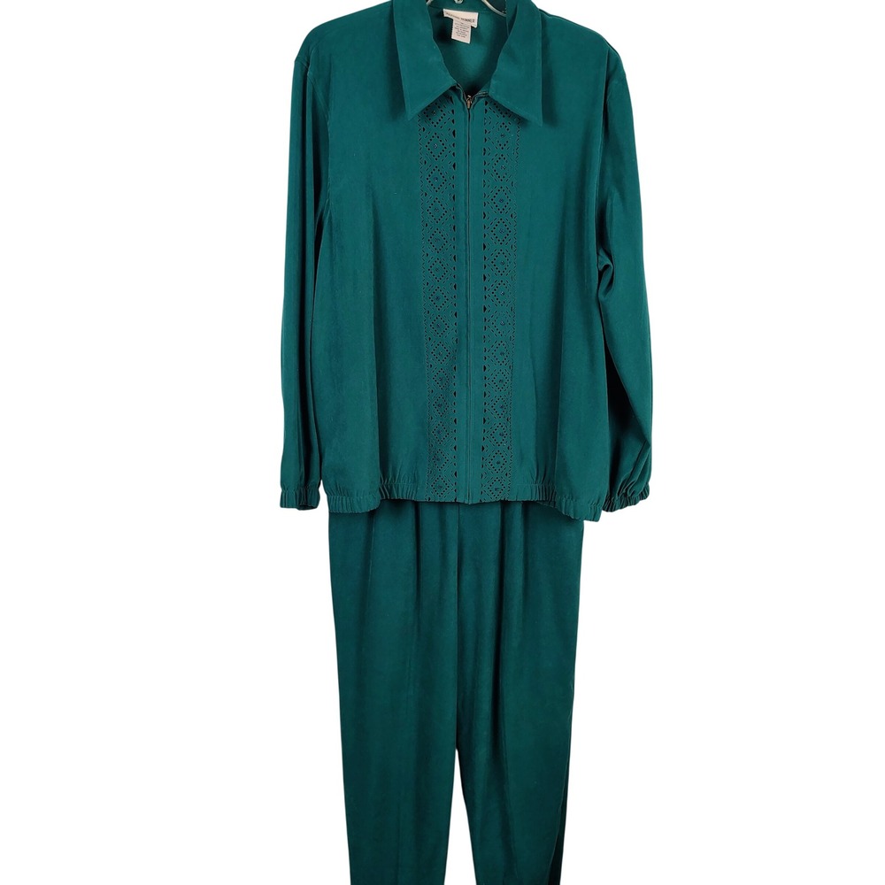 Alfred Dunner Womens SZ 16 Pant Set Teal Embroidered Zip Top Pants Grandmacore